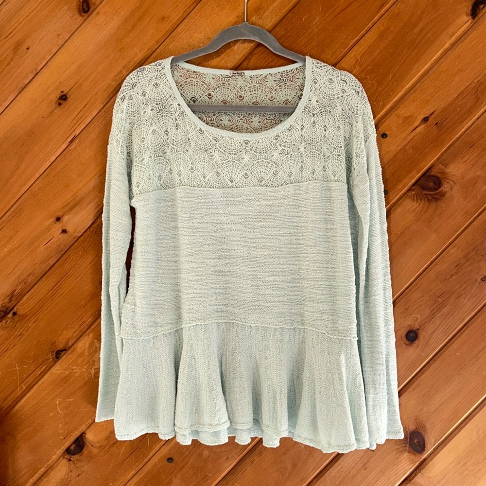 Free People Mint Green Kristobel Ruffled Peplum Knit Sweater Top